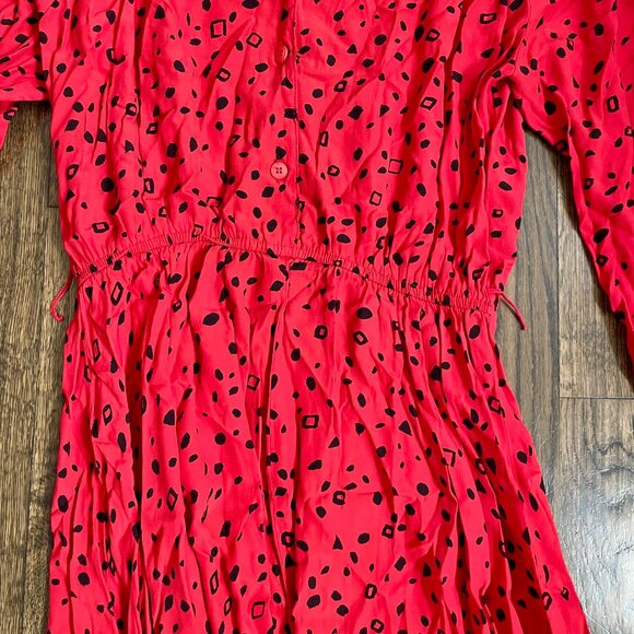 Vintage 80s Karin Stevens Red Midi Dress Abstract Print Button Front Rayon M - Picture 3 of 7